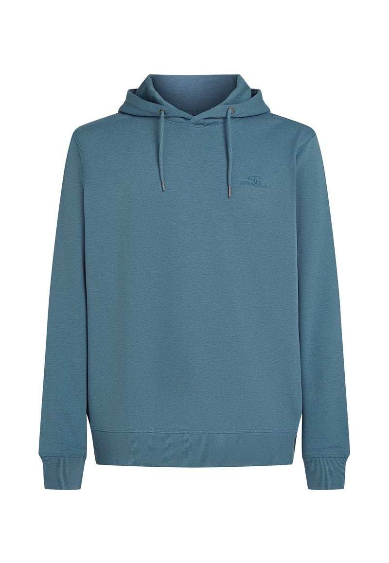 Kapuzensweatshirt aus weichem, strukturiertem blauen Stoff. Mit Kordelzügen, einem Fronttaschenbereich und einem kleinen Logo auf der Brust.