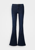 Dunkelblaue, ausgestellt geschnittene Jeans mit hoher Taille, ausgestattet mit fünf Taschen und einem Reißverschluss vorne. Glatte Textur und klassisches Design.