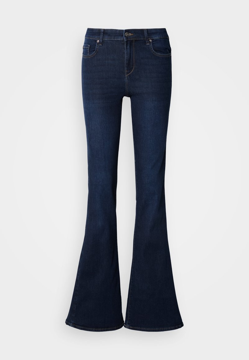 Dunkelblaue, ausgestellt geschnittene Jeans mit hoher Taille, ausgestattet mit fünf Taschen und einem Reißverschluss vorne. Glatte Textur und klassisches Design.