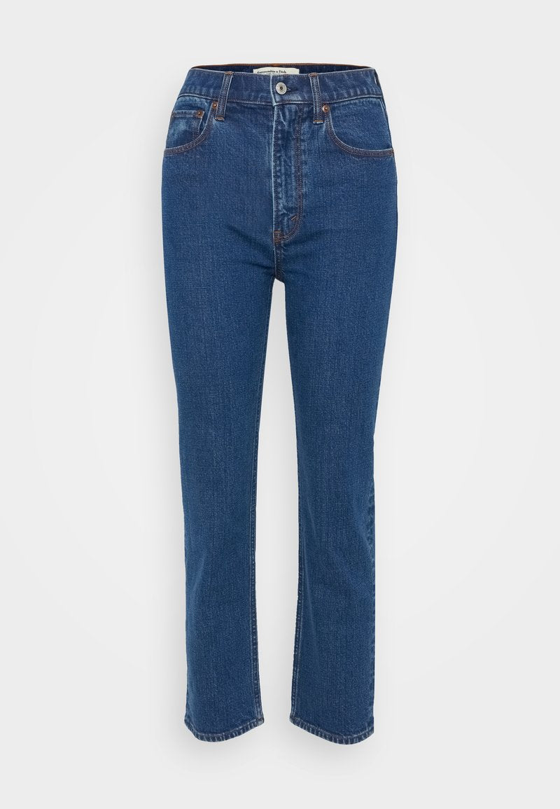 Dunkelblaue Jeans mit geradem Schnitt, hoher Taille, subtilen Nähten, fünf Taschen und einem Knopfverschluss vorne.