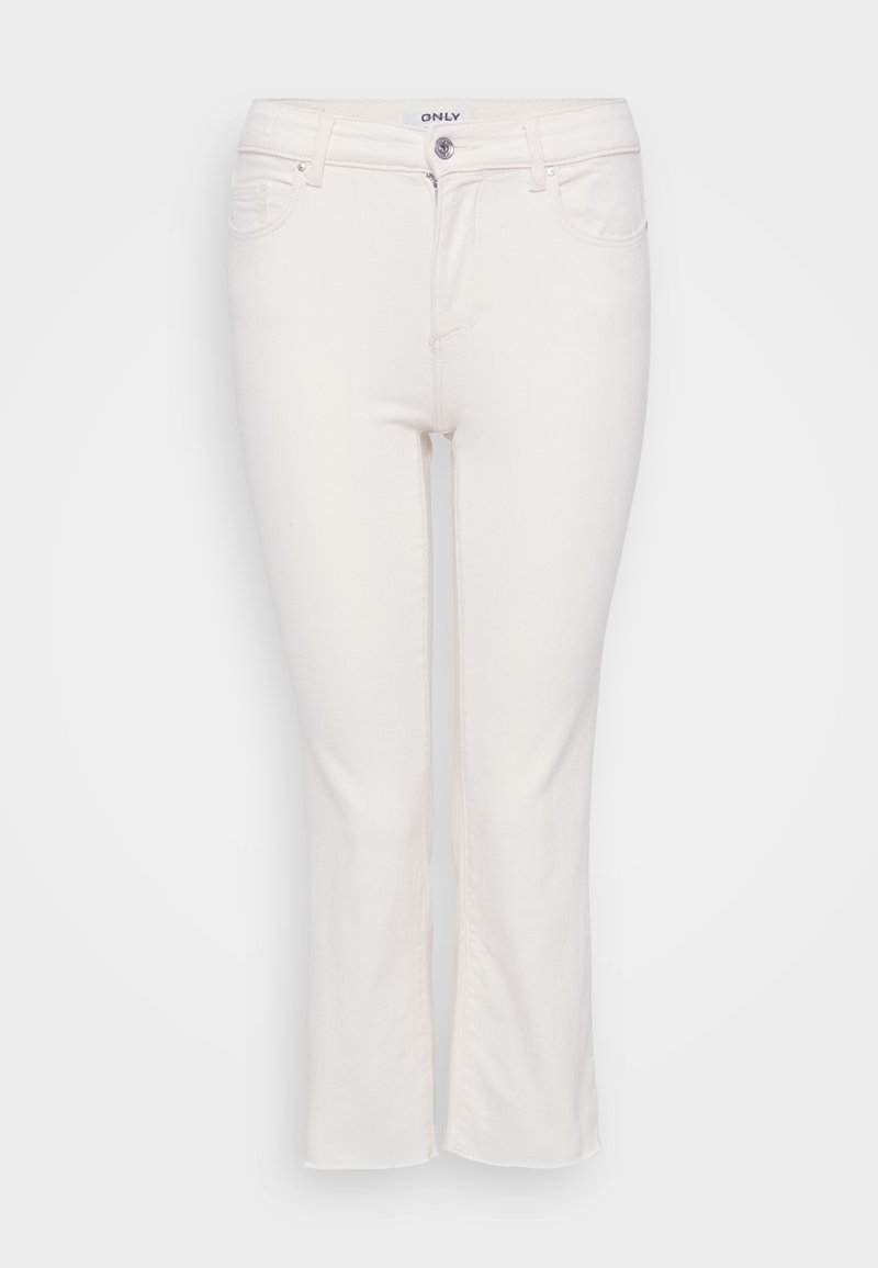 Weiße Baumwolljeans mit geradem Bein, ausgestattet mit einem Reißverschluss, fünf Taschen und einem Knopfverschluss an der Taille.