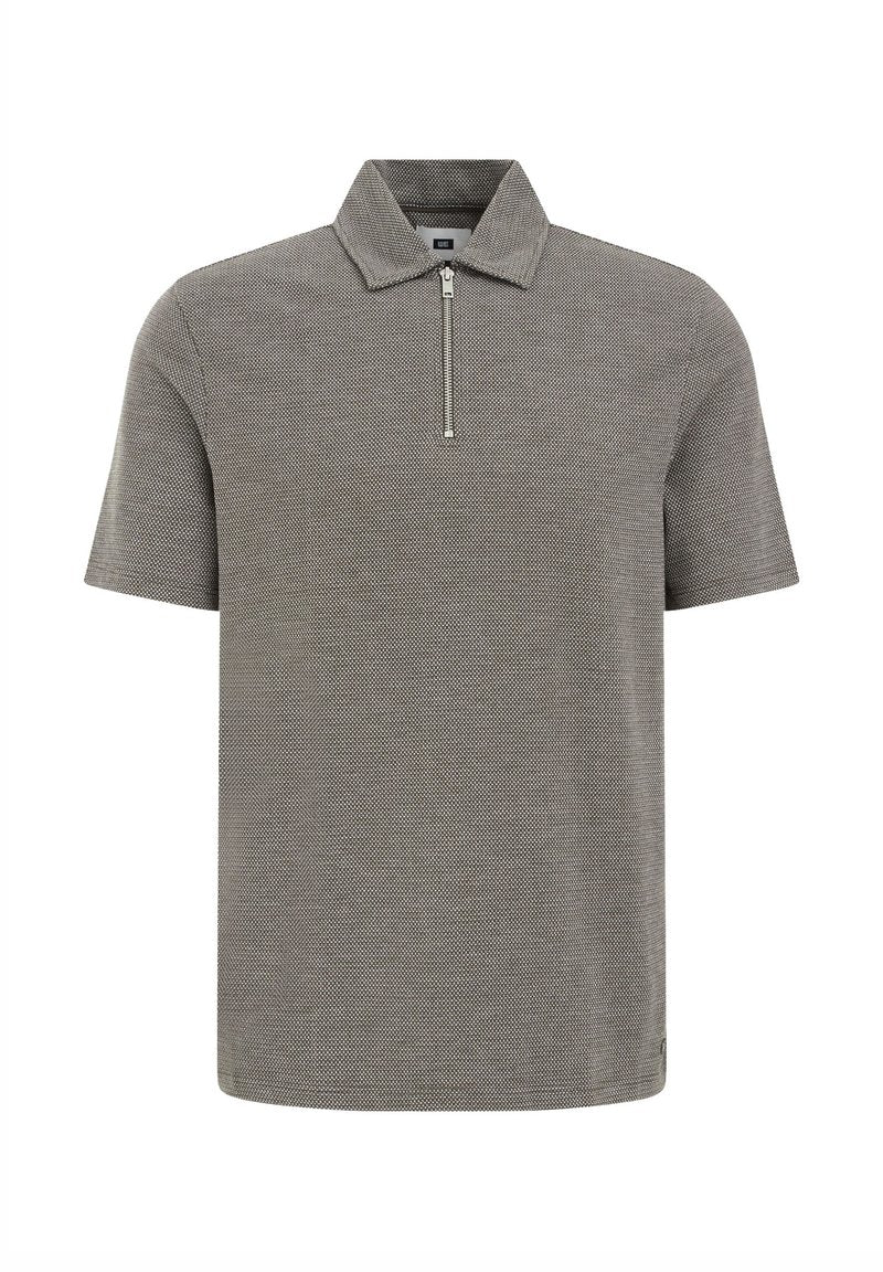 Kurzärmliges Polo-Shirt aus meliertem grauen Stoff, mit einem Reißverschlusskragen und einem strukturierten Kragen. Texturiertes Muster überall.