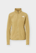 Hellbraune Fleecejacke mit durchgehendem Frontreißverschluss, hohem Kragen, seitlichen Reißverschlusstaschen und weißem "The North Face"-Logo auf der linken Brustseite.