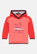 Roter Kapuzenpullover mit langen Ärmeln, V-Ausschnitt und lila Akzenten. Vorderseite mit einem gemusterten Motiv aus Blättern und Blumen. Weiches Material.