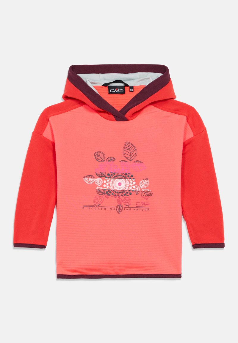 Roter Kapuzenpullover mit langen Ärmeln, V-Ausschnitt und lila Akzenten. Vorderseite mit einem gemusterten Motiv aus Blättern und Blumen. Weiches Material.