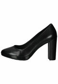 Schwarze, lackierte High Heel-Pumps mit abgerundetem Zeh, strukturiertem Plateau und breitem Absatz. Elegantes Design mit minimalen Akzenten.