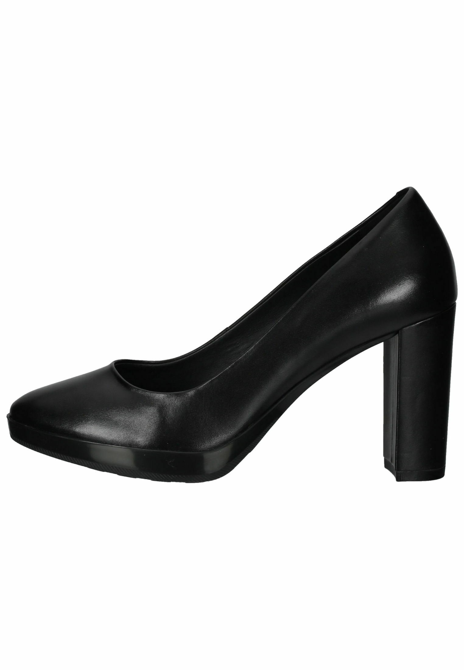 Schwarze, lackierte High Heel-Pumps mit abgerundetem Zeh, strukturiertem Plateau und breitem Absatz. Elegantes Design mit minimalen Akzenten.
