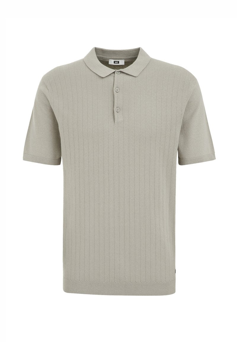 Helles graues Polohemd mit kurzen Ärmeln aus geripptem Material, dreiknöpfigem Kragen und geradem Saum. Minimalistisches Design ohne sichtbare Logos.