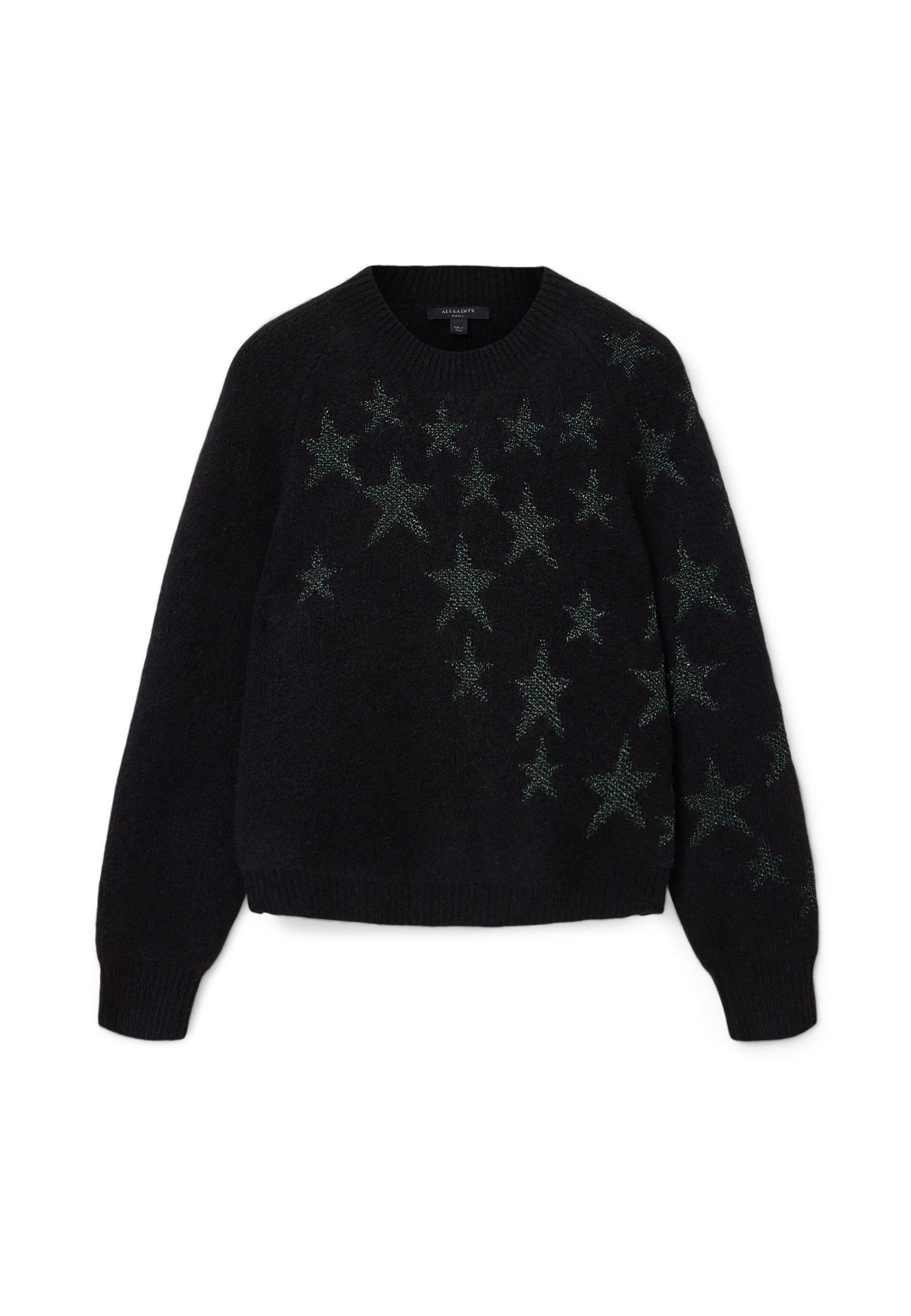 Schwarzer Pullover mit Rundhalsausschnitt, der ein Sternenmuster in Dunkelgrün aufweist. Weicher Stoff, gerippte Bündchen und Saum für eine figurbetonte Passform.