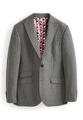 Grauer Blazer mit strukturierter Oberfläche, einreihiger Knopfverschluss, Reverskragen, frontale Taschen und einem bedruckten inneren Futter in Rot und Pink.