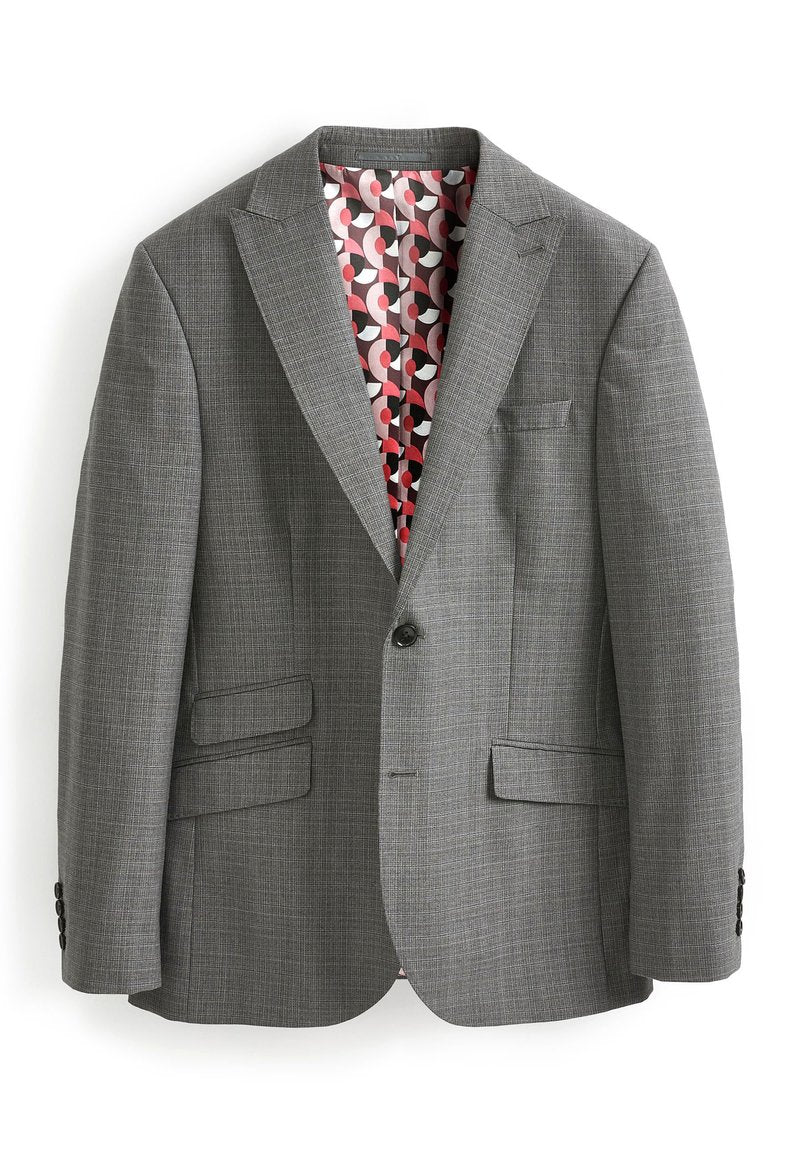 Grauer Blazer mit strukturierter Oberfläche, einreihiger Knopfverschluss, Reverskragen, frontale Taschen und einem bedruckten inneren Futter in Rot und Pink.