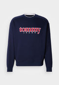 Marineblauer Pullover mit großem rotem und weißem "tommy"-Logo und dem Schriftzug "JEANS", geripptem Rundhalsausschnitt und Bündchen, aus einem weichen Baumwollmischgewebe.