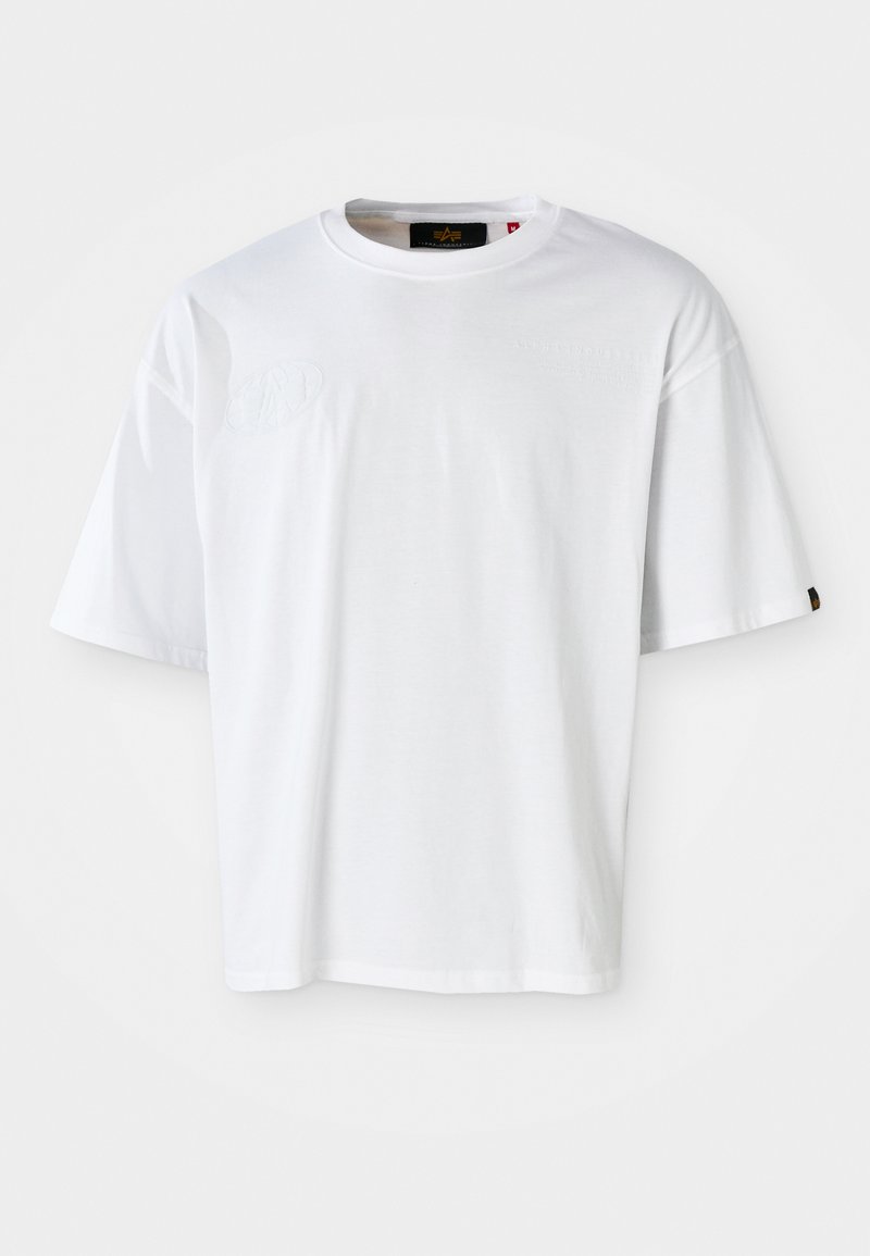 Weißes T-Shirt mit kurzen Ärmeln aus Baumwolle. Verfügt über einen Rundhalsausschnitt, eine lockere Passform und ein dezentes, geprägtes Logo auf der Vorderseite.