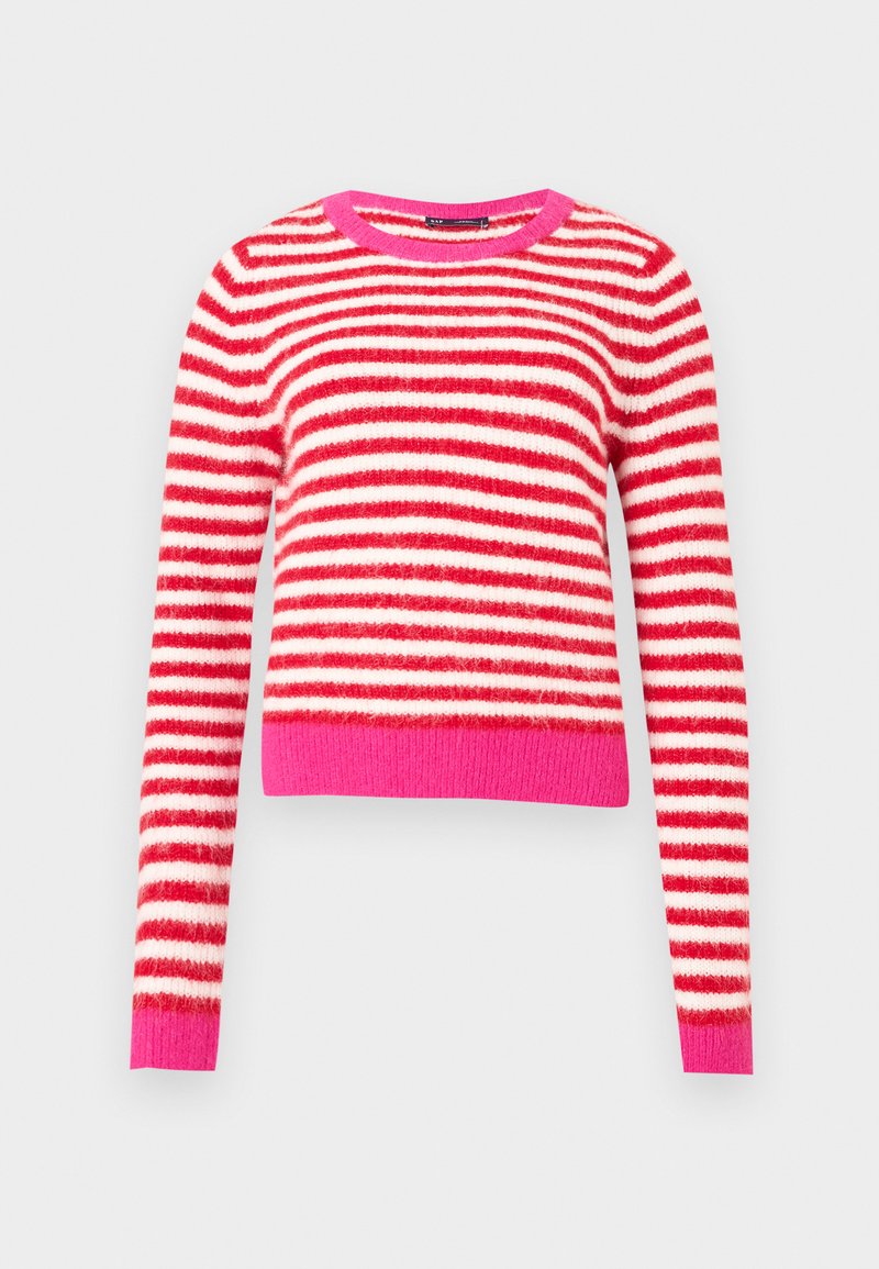 Gestreifter Pullover in Rot und Weiß, aus weichem Material gefertigt. Verfügt über einen rosa gerippten Rundhalsausschnitt und Bündchen. Cropped Design mit langen Ärmeln.
