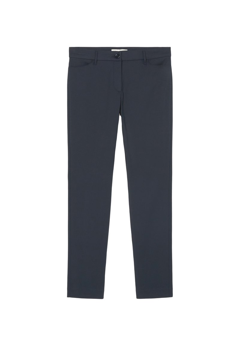 Marineblaue Hosen mit geradem Bein, aus glattem Stoff gefertigt. Sie verfügen über frontale Taschen und einen Knopfverschluss an der Taille.