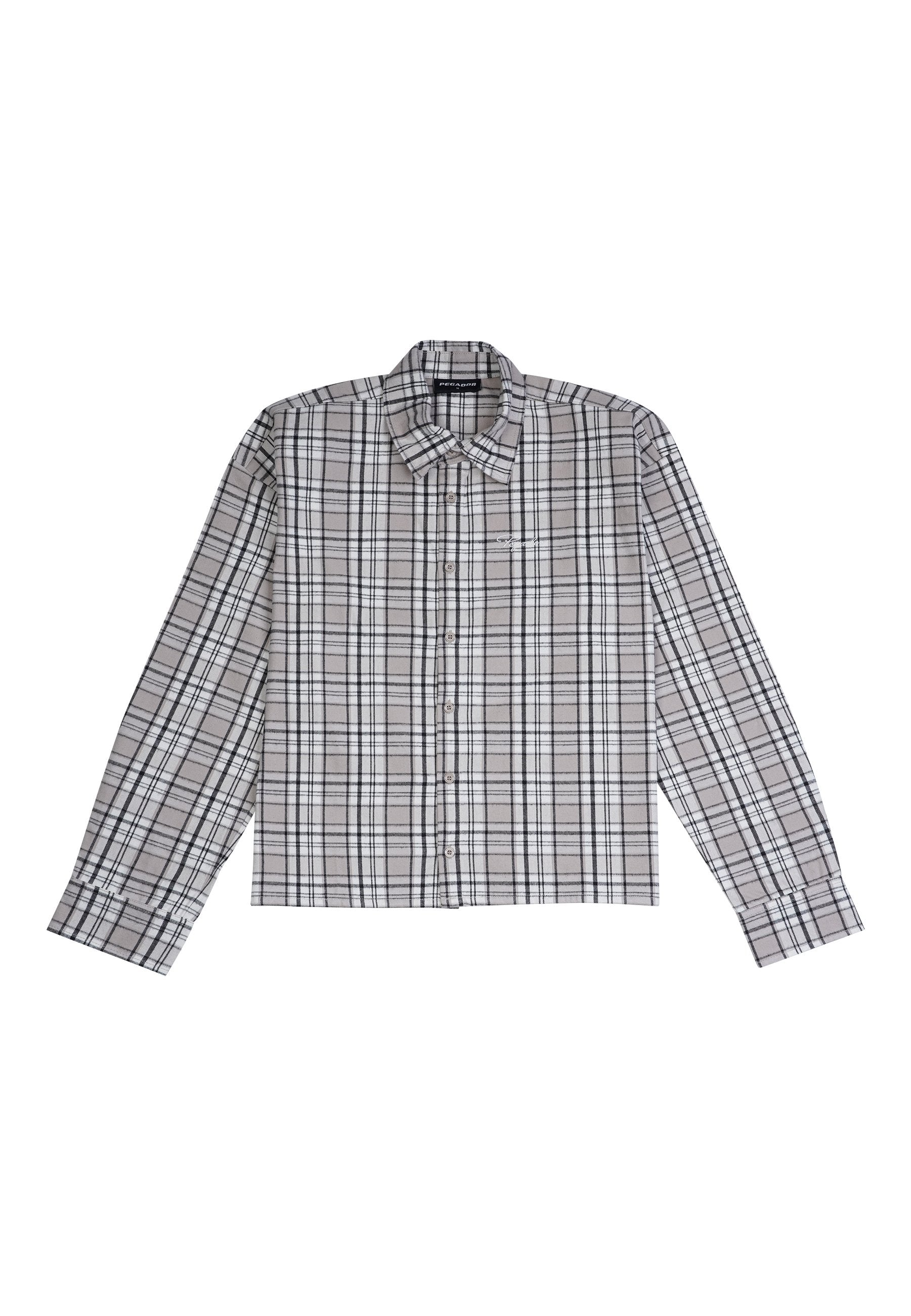 Grau-weiße karierte Langarmshirt mit Button-Down-Kragen und einer Brusttasche. Hergestellt aus gewebtem Stoff, mit präzisem Karomuster.