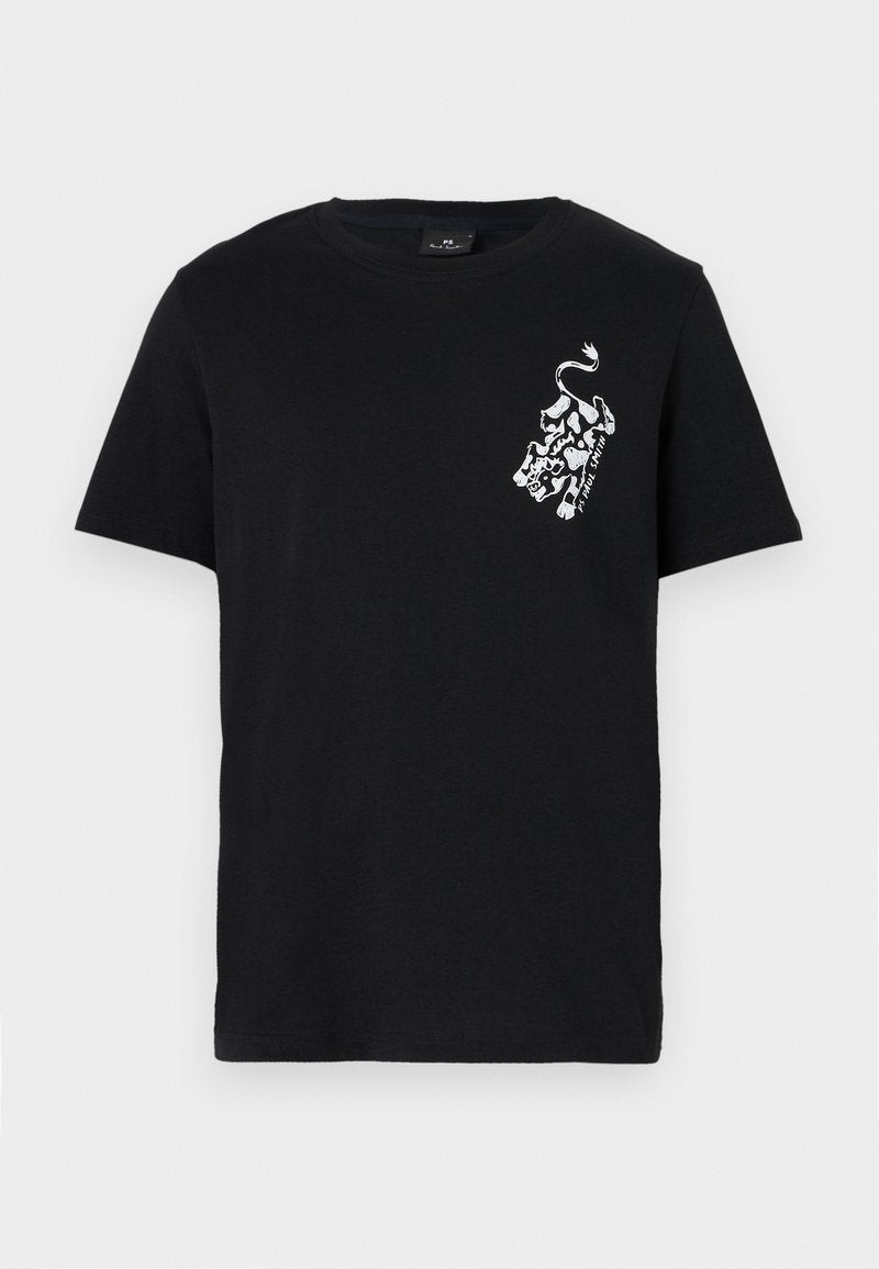 Schwarzes Baumwoll-T-Shirt mit einem weißen Löwengrafik auf der linken Brustseite. Standard-Rundhalsausschnitt mit kurzen Ärmeln.