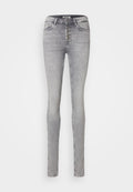 Hellegraue Skinny-Jeans aus Denim, mit einer Fünf-Knopf-Verschluss, fünf Taschen und subtiler Ausbleichung auf der Vorderseite.