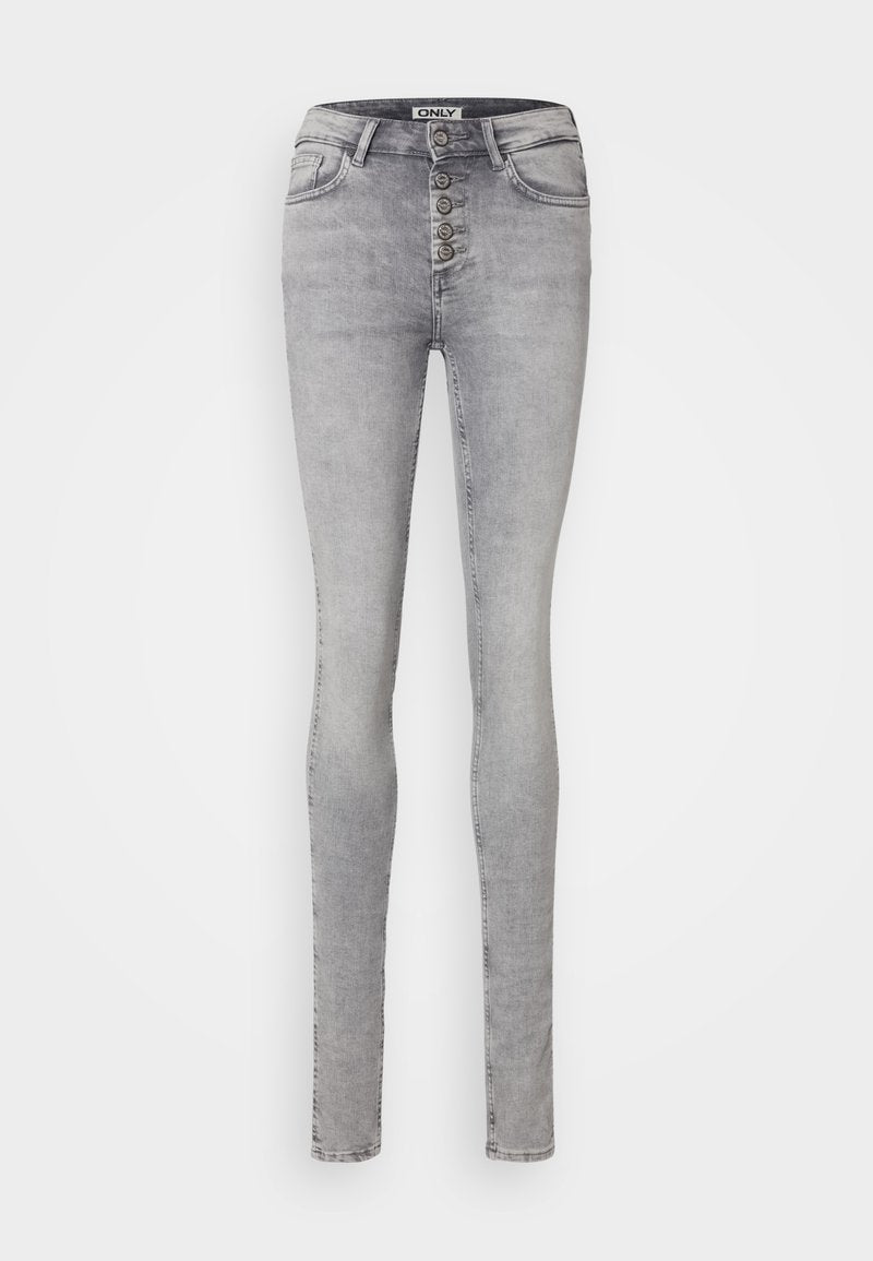 Hellegraue Skinny-Jeans aus Denim, mit einer Fünf-Knopf-Verschluss, fünf Taschen und subtiler Ausbleichung auf der Vorderseite.