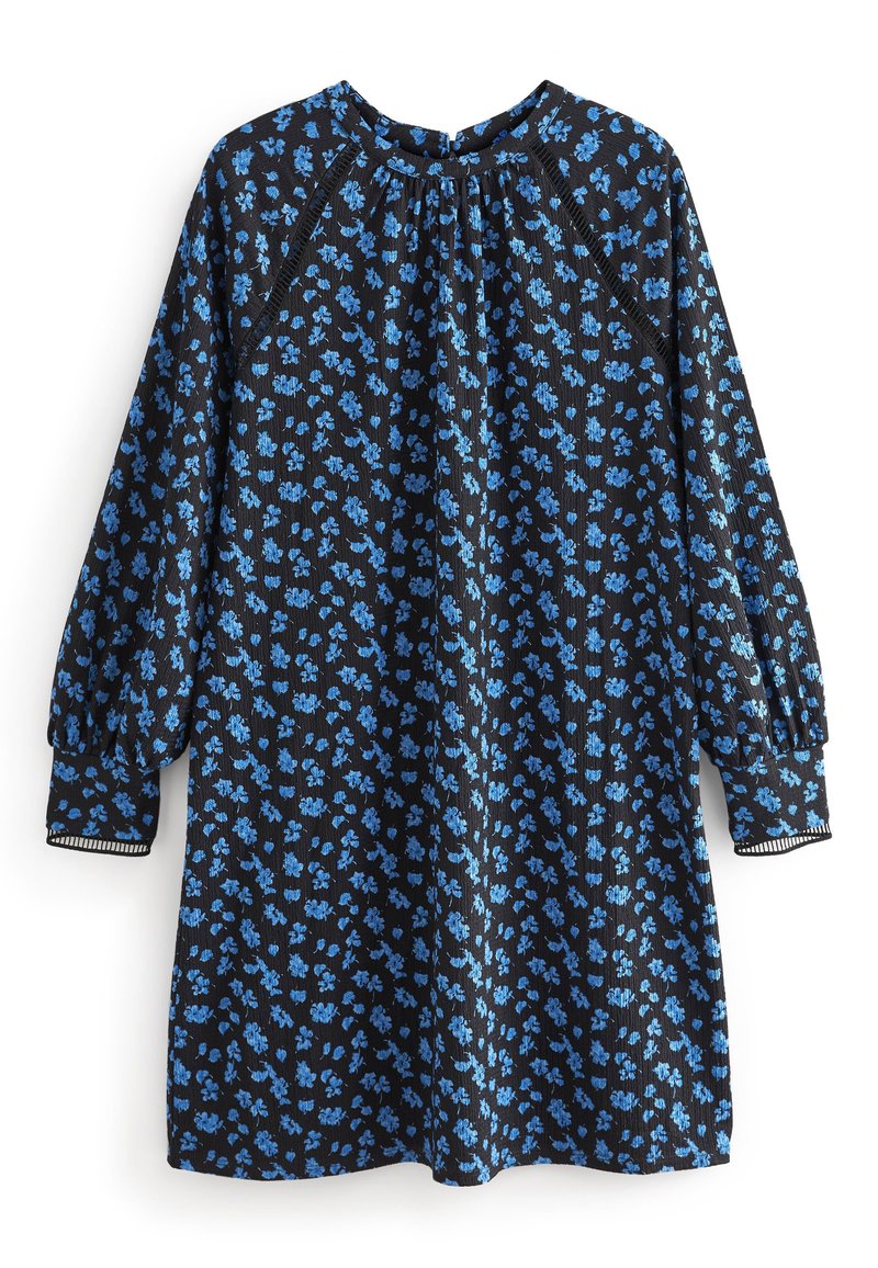Schwarzes Kleid mit blauem Blumenmuster, Raglanärmeln, gerafftem Ausschnitt und strukturiertem Stoff. Lange Ärmel mit elastischen Bündchen und gesäumtem Saum.
