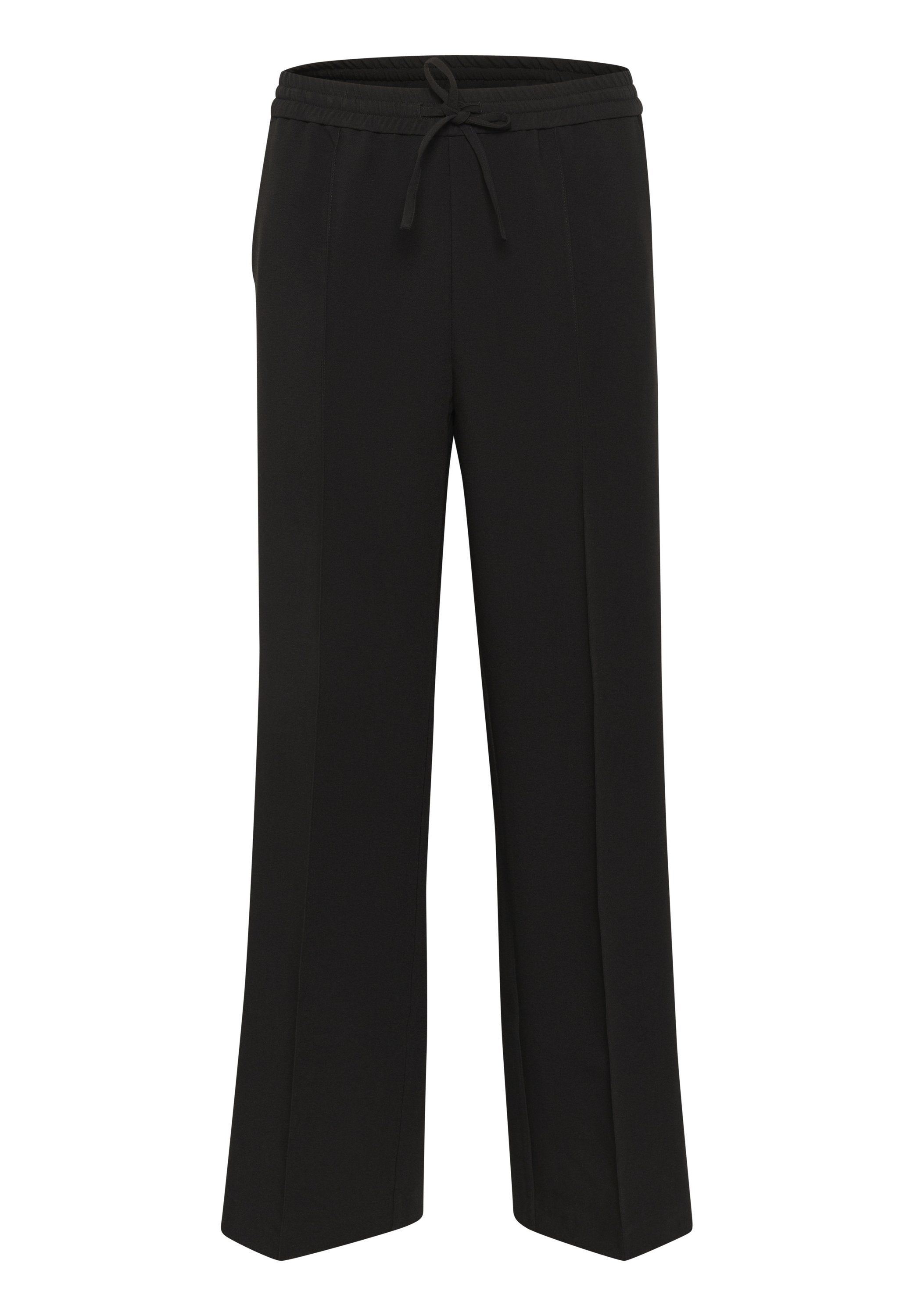 Schwarze weit geschnittene Hosen aus weichem Stoff, mit elastischem Taillenbund und Kordelzug, glatter Textur und ohne sichtbare Muster.