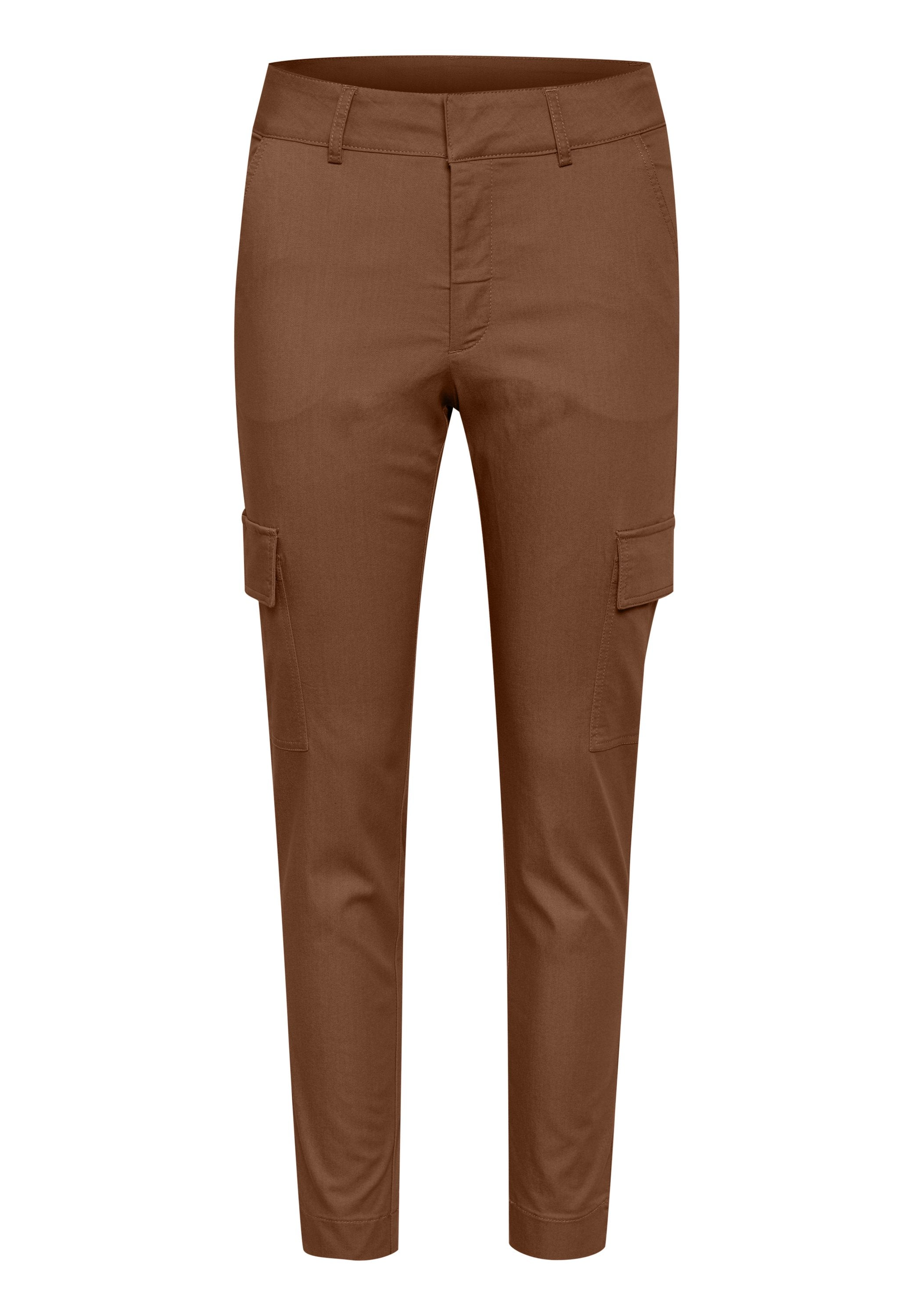 Braune Slim-Fit-Cargohosen mit seitlichen Klappentaschen, Gürtelschlaufen und taillierten Knöchel-Aufschlägen.