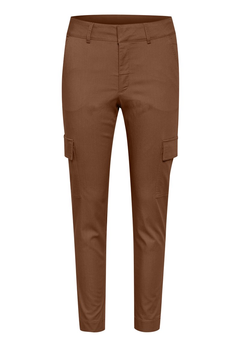 Braune Slim-Fit-Cargohosen mit seitlichen Klappentaschen, Gürtelschlaufen und taillierten Knöchel-Aufschlägen.