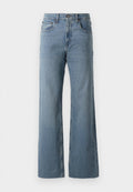 Hellblaue Jeans aus Denim mit hoher Taille, weitem Bein, fünf Taschen und dezentem Ausbleichen, mit einem Knopf- und Reißverschluss.