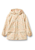 Blumige Regenjacke aus leichtem Stoff, mit cremefarbenem Hintergrund und pinken sowie blauen Blumen, elastischen Bündchen und zwei Fronttaschen.