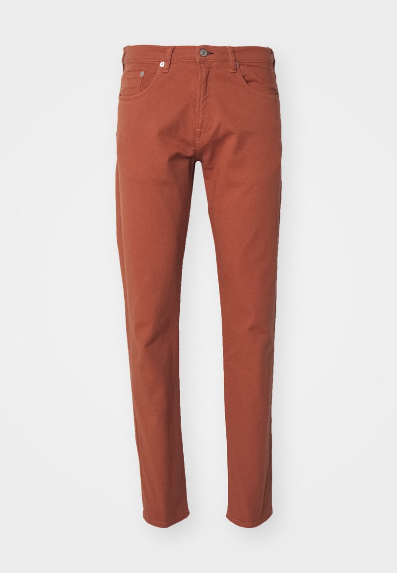 Rostfarbene, schlank geschnittene Hose aus glattem Baumwollmaterial. Mit einem vorderen Knopf, Reißverschluss und vier Taschen ausgestattet. Sauberes Design ohne Muster oder Akzente.