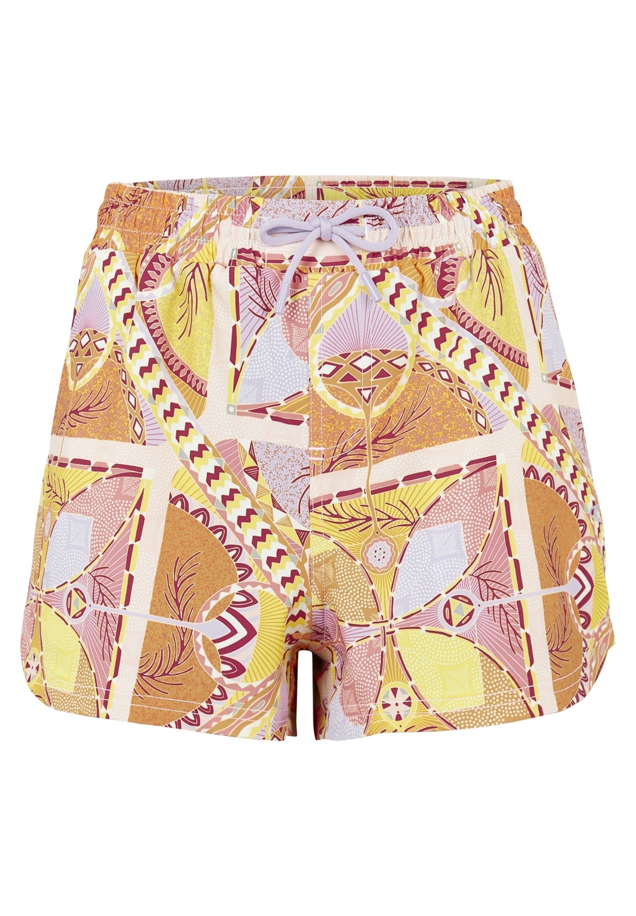 Bunte Badehosen mit einem geometrischen Muster in Gelb, Pink und Braun. Der Stoff ist leicht, mit einem elastischen Bund und Kordelzug.