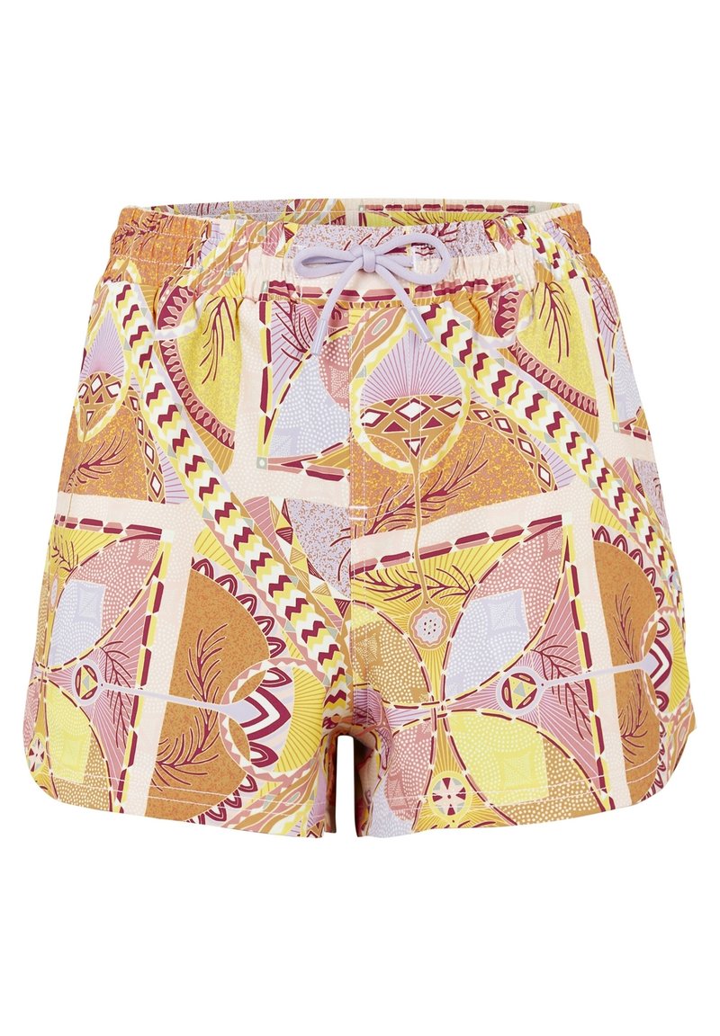 Bunte Badehosen mit einem geometrischen Muster in Gelb, Pink und Braun. Der Stoff ist leicht, mit einem elastischen Bund und Kordelzug.