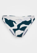Bikini-Höschen in Marineblau mit weißem abstraktem Muster, aus glattem Stretchstoff mit dünnem elastischen Bund und Einsätzen aus Netzmaterial.