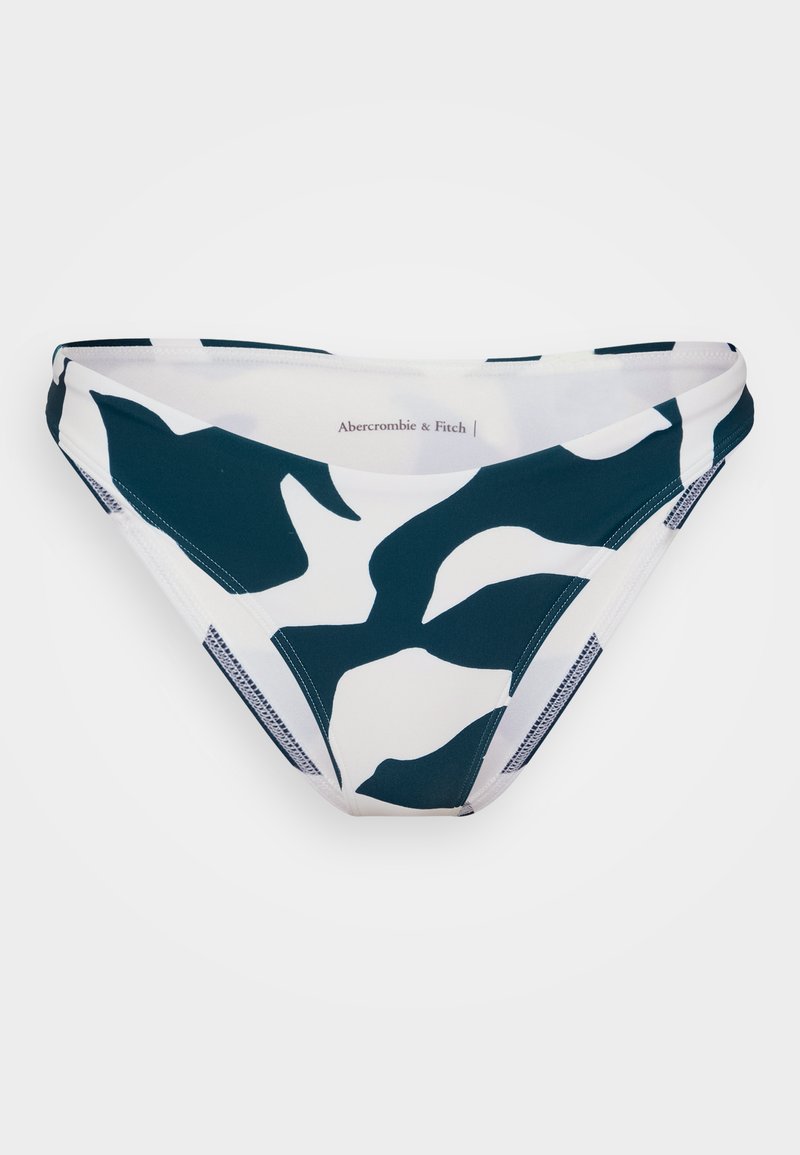 Bikini-Höschen in Marineblau mit weißem abstraktem Muster, aus glattem Stretchstoff mit dünnem elastischen Bund und Einsätzen aus Netzmaterial.