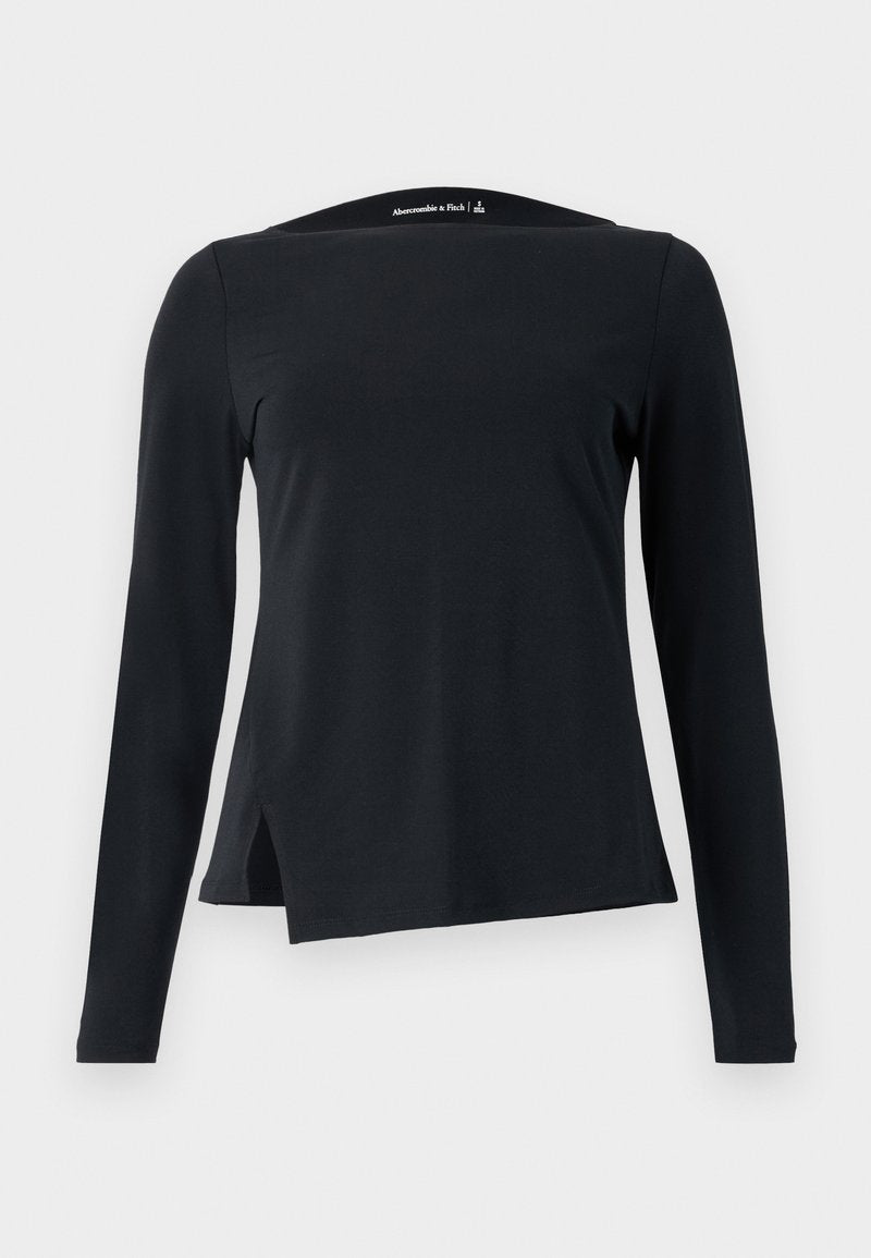 Schwarzes Langarmoberteil aus glattem Stoff, mit hohem Kragen und asymmetrischem Saum mit seitlichen Schlitzen für ein modernes Design.