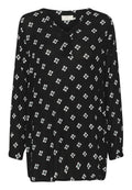 Schwarze Bluse mit V-Ausschnitt, langen Ärmeln und lockerer Passform. Mit einem weißen Blumenmuster und grünen Akzenten. Aus leichtem Stoff gefertigt.