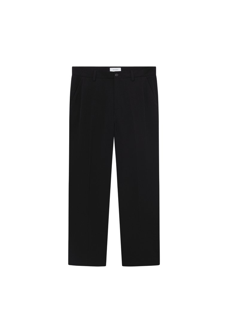 Schwarze Hose mit gerader Beinform, Fronttaschen und Knopfverschluss. Hergestellt aus einem glatten Stoff mit einem eleganten Finish.