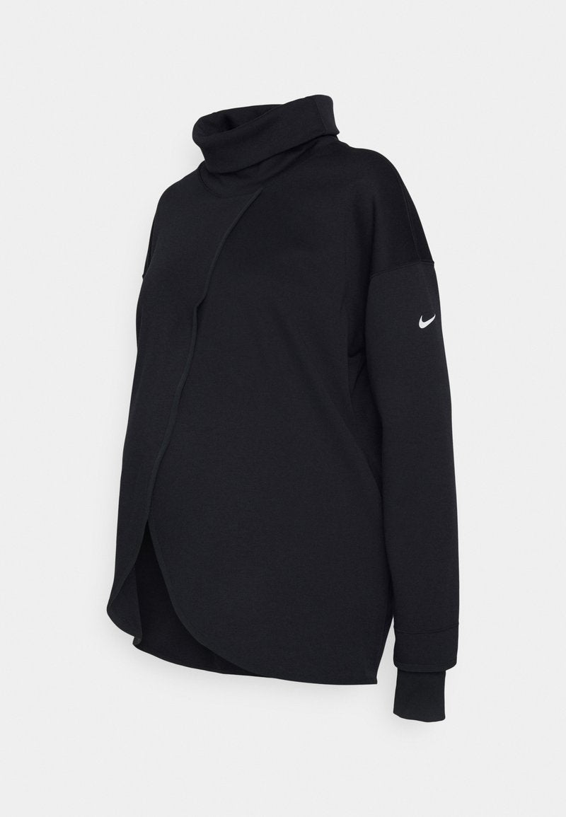 Schwarzer Nike-Hoodie mit hohem Kragen, seitlicher Schlitze und verlängerten Ärmeln. Verfügt über ein kleines weißes Logo am linken Ärmel.