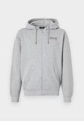 Grauer Reißverschluss-Hoodie aus weichem Stoff mit einer frontalen Tasche, einem Kapuzenzugband und gestickten Logodetails im linken Brustbereich.