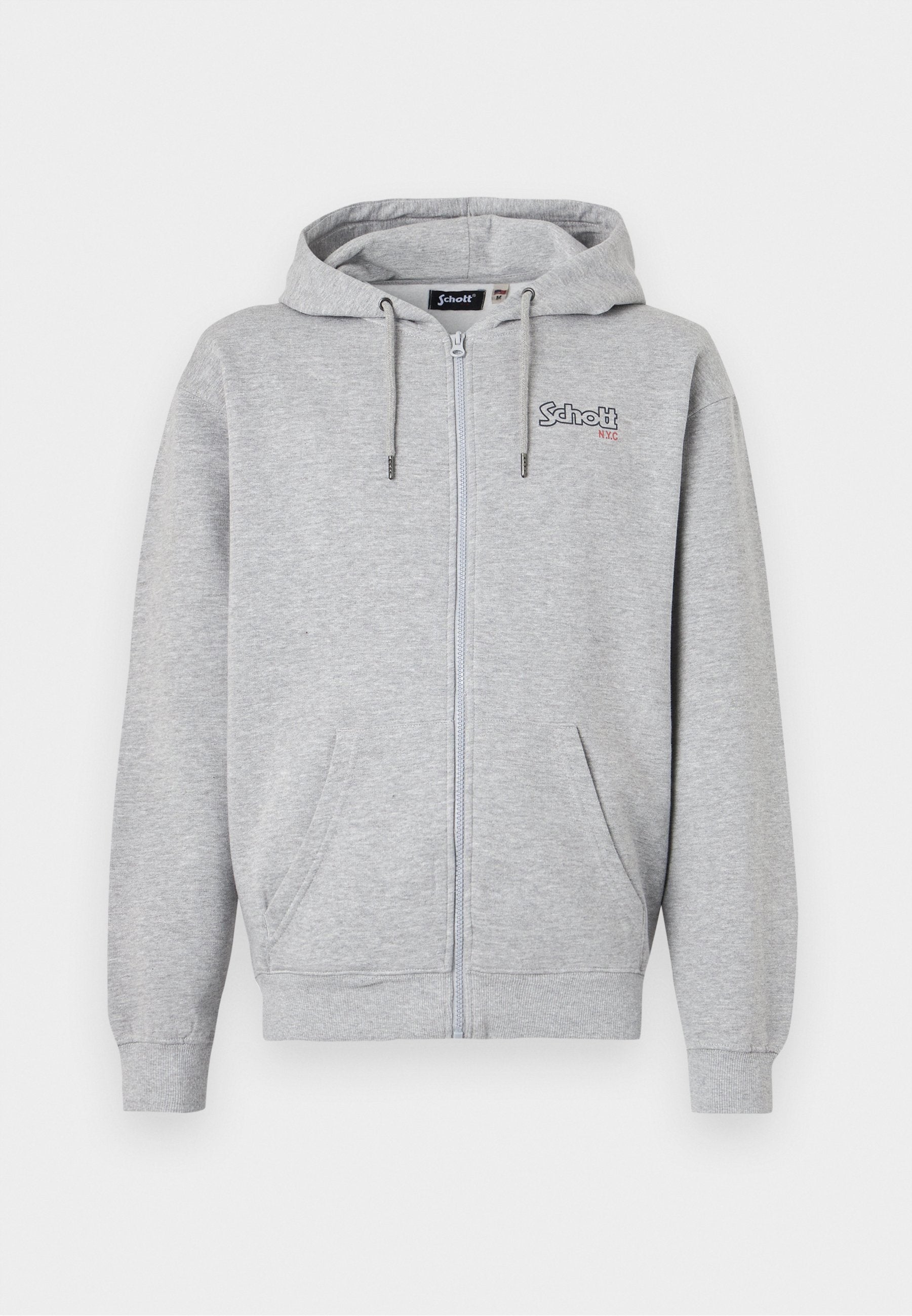 Grauer Reißverschluss-Hoodie aus weichem Stoff mit einer frontalen Tasche, einem Kapuzenzugband und gestickten Logodetails im linken Brustbereich.