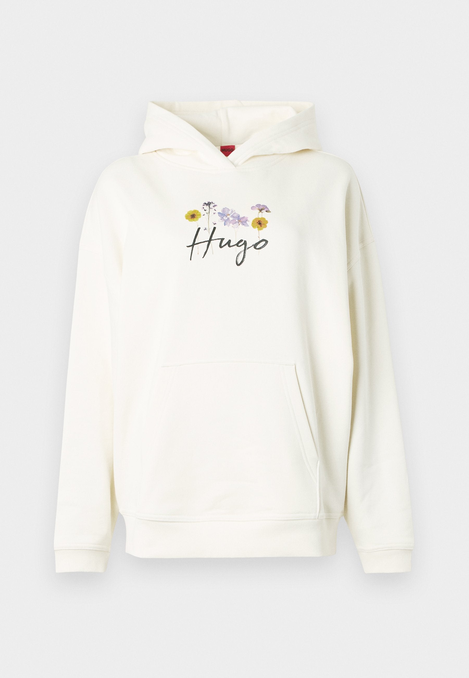 Beiger Kapuzenpullover mit Kängurutasche, verziert mit einem floralen Motiv und dem Schriftzug "Hugo" in Kursivschrift, gefertigt aus weichem Stoff.