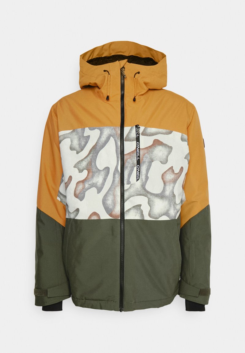 Kapuzenshirt mit einem oberen Abschnitt in Orange, einem camo-musternden weißen Mittelteil und einem grünen unteren Teil. Verfügt über einen Reißverschluss und elastische Bündchen.
