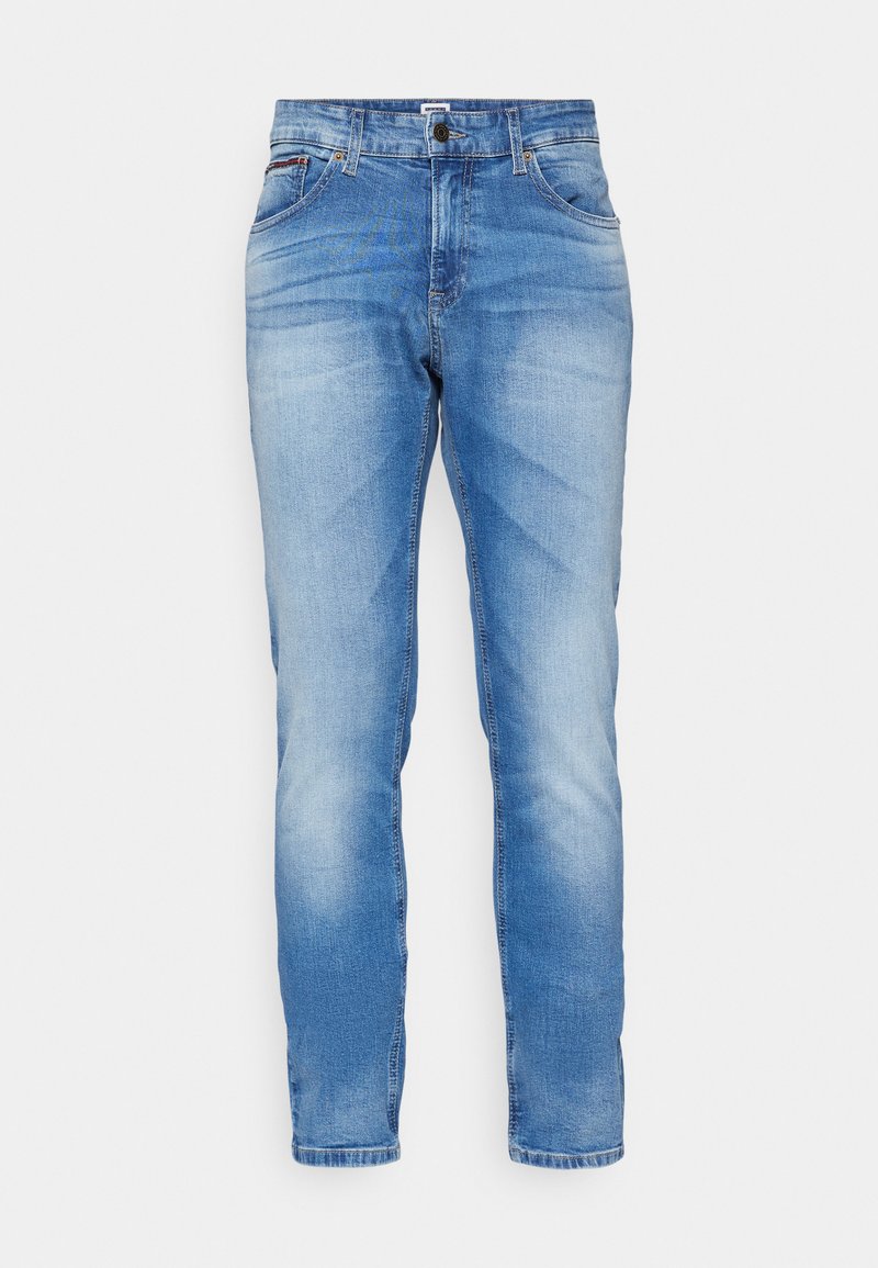 Hellblaue Denim-Jeans mit leicht ausgewaschenem Finish, ausgestattet mit einem klassischen Fünf-Taschen-Design, Knopfverschluss und geradem Schnitt.