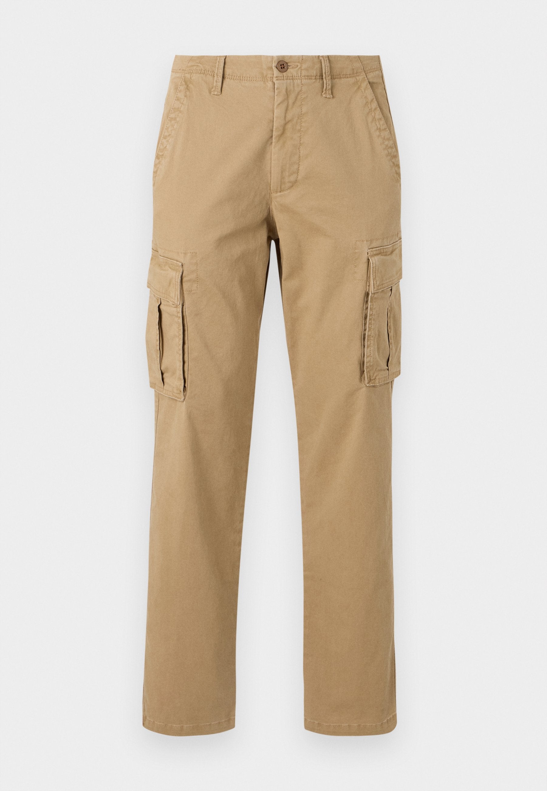 Beige Cargo-Hosen mit zwei Seitentaschen, einem Knopfverschluss, geradem Bein und einem weichen, strukturierten Stoff.