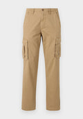 Beige Cargo-Hosen mit zwei Seitentaschen, einem Knopfverschluss, geradem Bein und einem weichen, strukturierten Stoff.