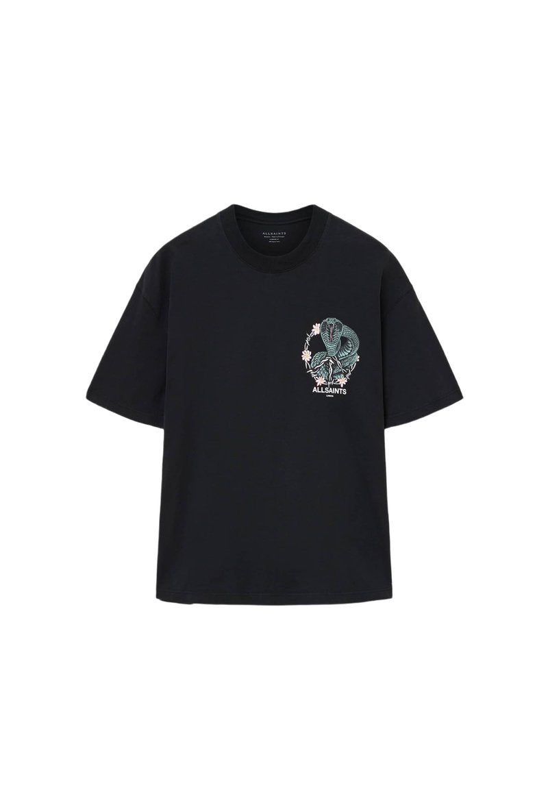 Schwarzes Baumwoll-T-Shirt mit gesticktem Schlangen- und Blumendesign auf der Brust. Kurze Ärmel und Rundhalsausschnitt, lockere Passform.