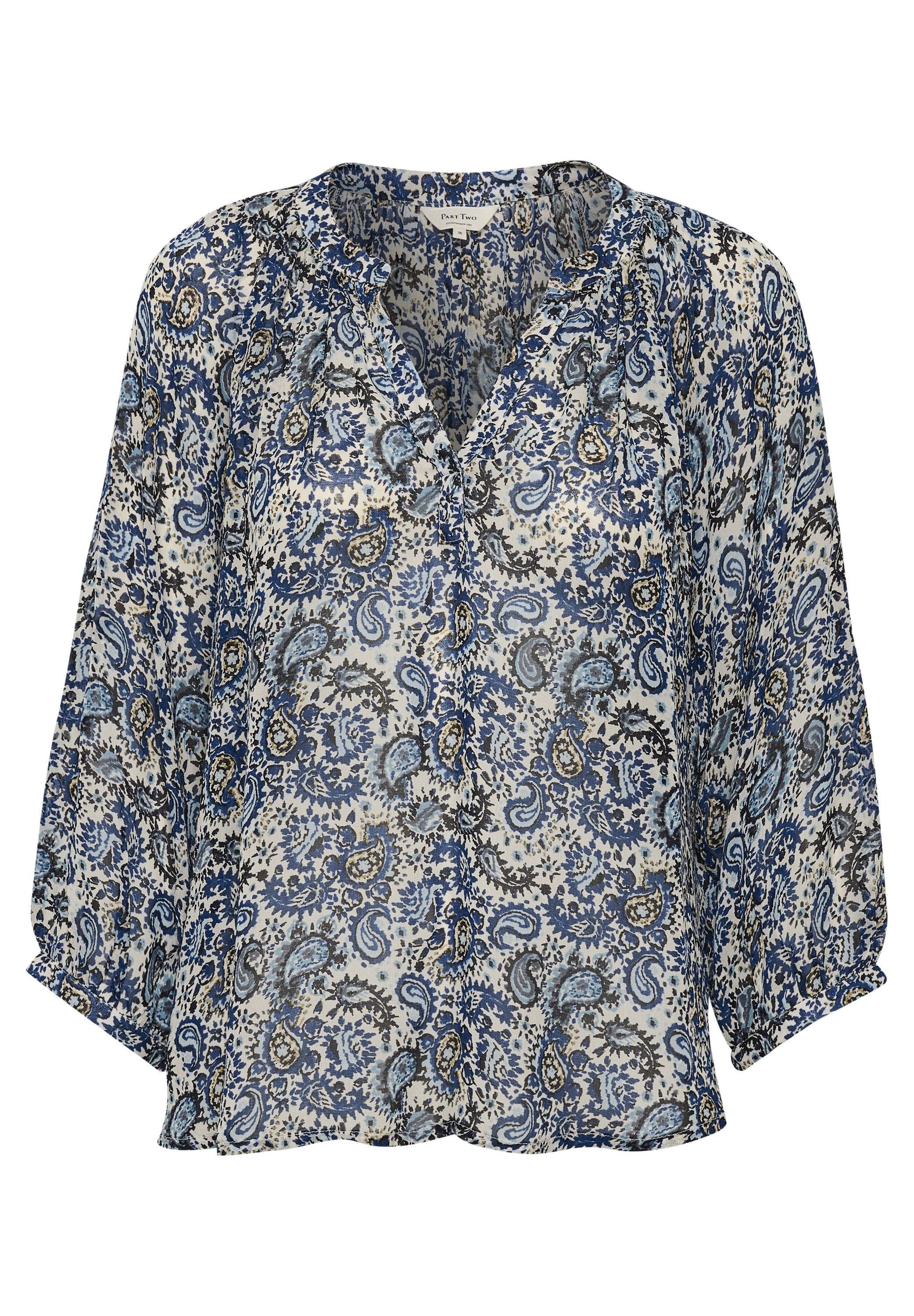 Lockere Bluse mit 3/4-Ärmeln, die ein blaues, schwarzes und beige Paisley-Muster auf heller Basis zeigt, mit gerafftetem Ausschnitt und elastischen Bündchen.
