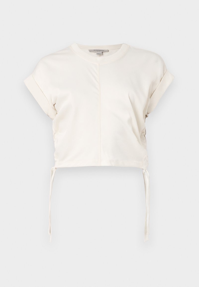 Cremefarbene Cropped-Top aus glattem Stoff, mit rundem Ausschnitt, kurzen Ärmeln und verstellbaren Seitenbändern. Einfaches, klares Design.