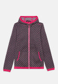 Schwarze Kapuzenjacke mit Reißverschluss und einem Rautenmuster in Pink, Weiß und Lila. Verfügt über kontrastierende pinkfarbene Kanten und zwei vordere Taschen.