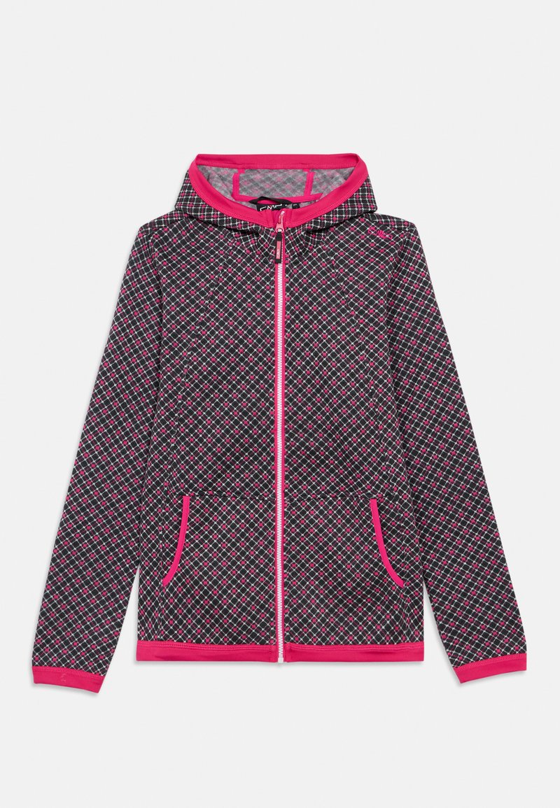 Schwarze Kapuzenjacke mit Reißverschluss und einem Rautenmuster in Pink, Weiß und Lila. Verfügt über kontrastierende pinkfarbene Kanten und zwei vordere Taschen.